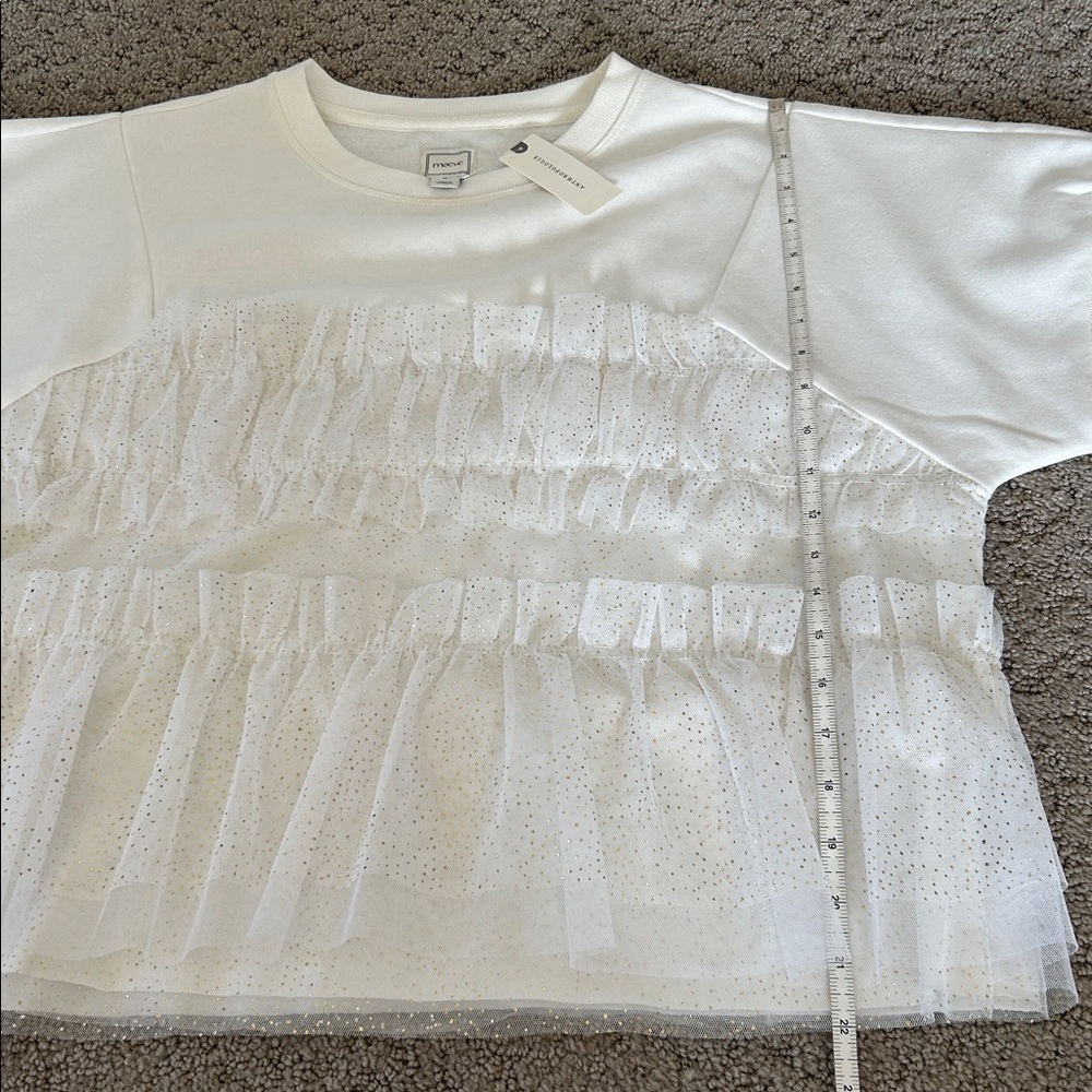 Anthropologie Maeve Short-Sleeve Smocked Ruffled Sweatshirt Glitter Tulle XS NWT - Picture 9 of 12